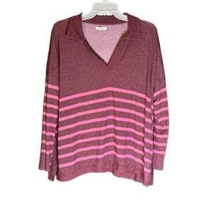 Maurices Women's Size Large Pink Burgundy Striped Collared Relaxed Oversized Top